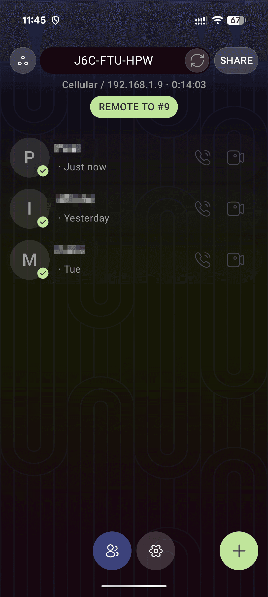 prvc.app messaging screen showing a session identifier, connected peers and live network details
